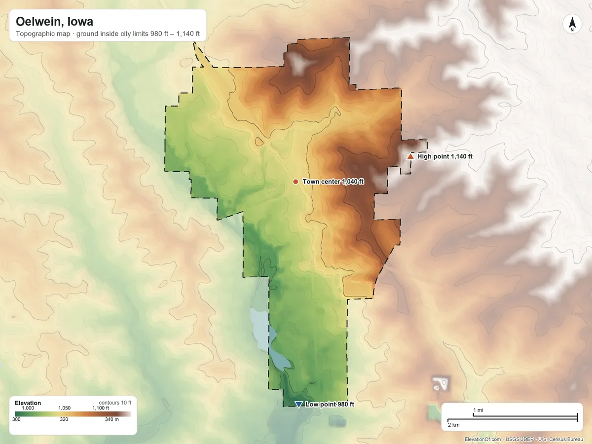 Topographic elevation map of Oelwein, Iowa, shaded from 980 ft on the south side to 1,140 ft on the east side
