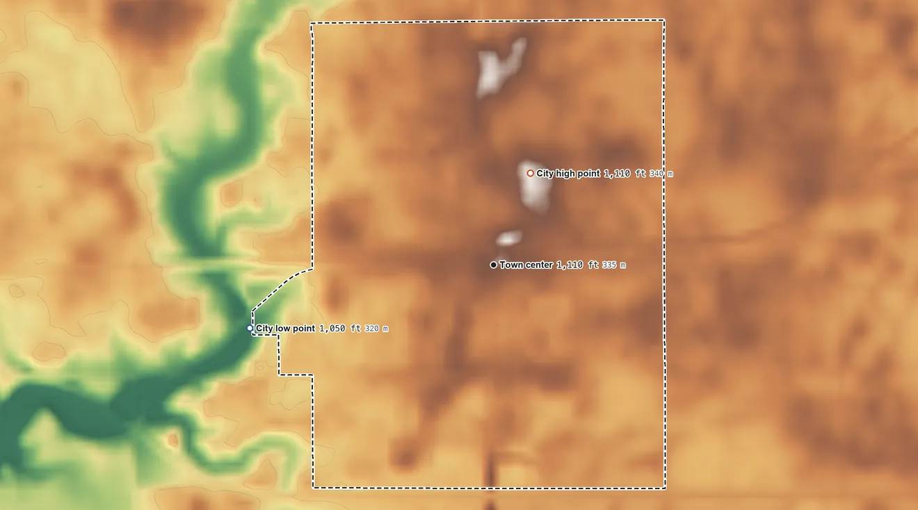 Topographic elevation map of Ogden, Iowa, shaded from 1,050 ft on the west side to 1,110 ft on the north side