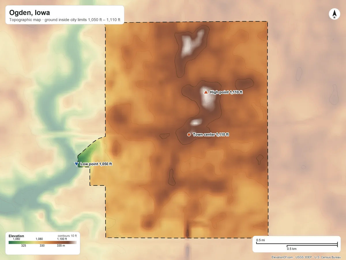 Topographic elevation map of Ogden, Iowa, shaded from 1,050 ft on the west side to 1,110 ft on the north side