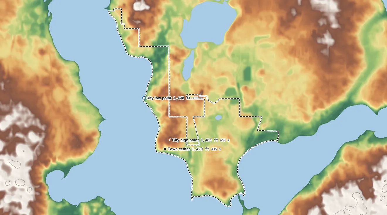 Topographic elevation map of Okoboji, Iowa, shaded from 1,400 ft on the northwest side to 1,480 ft near the middle
