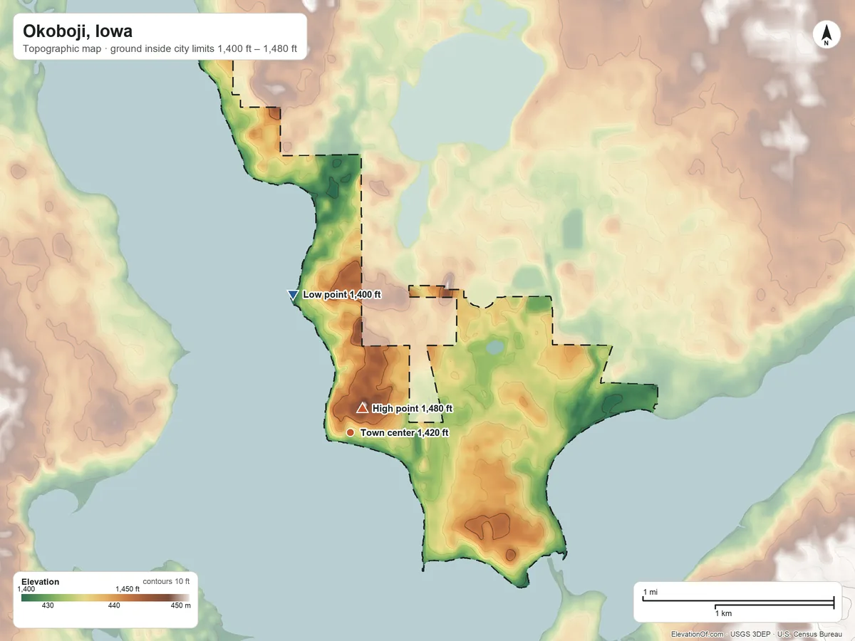 Topographic elevation map of Okoboji, Iowa, shaded from 1,400 ft on the northwest side to 1,480 ft near the middle