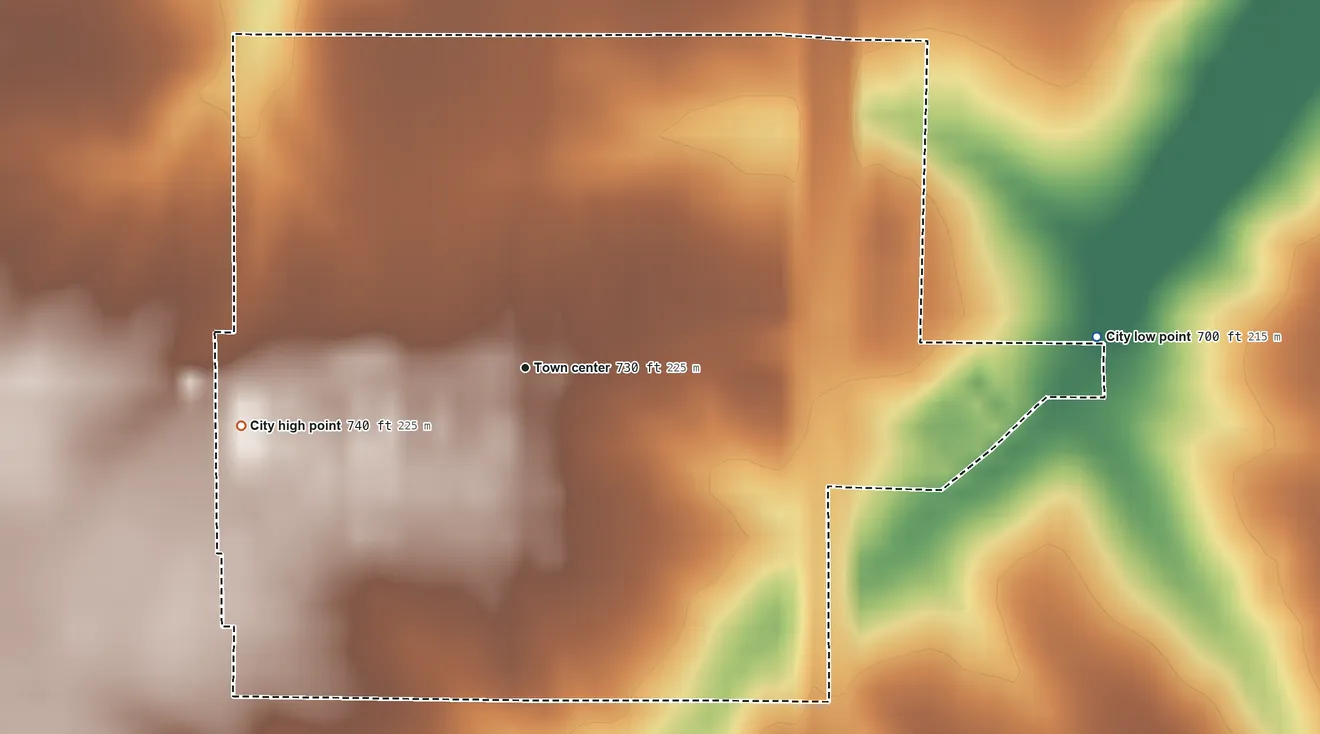Topographic elevation map of Olds, Iowa, shaded from 700 ft on the east side to 740 ft on the west side