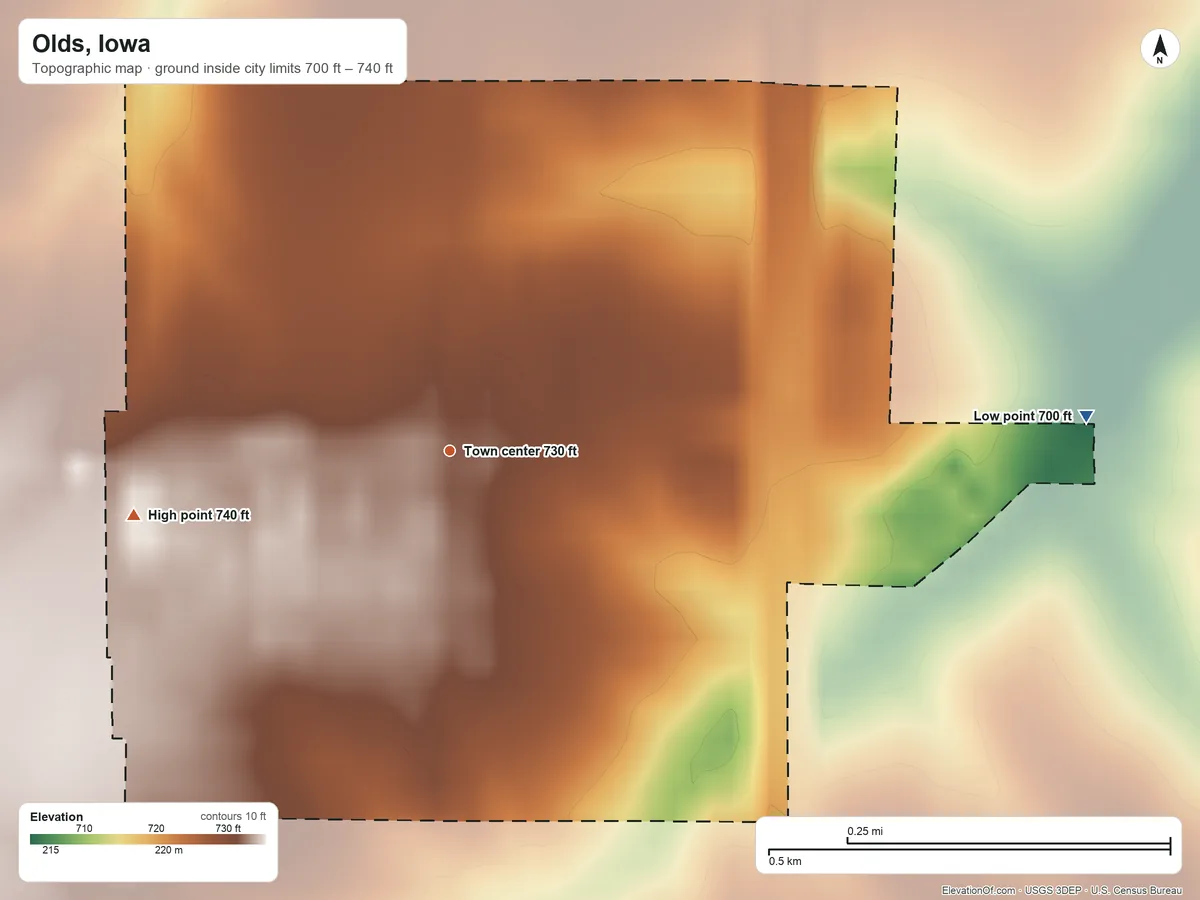 Topographic elevation map of Olds, Iowa, shaded from 700 ft on the east side to 740 ft on the west side