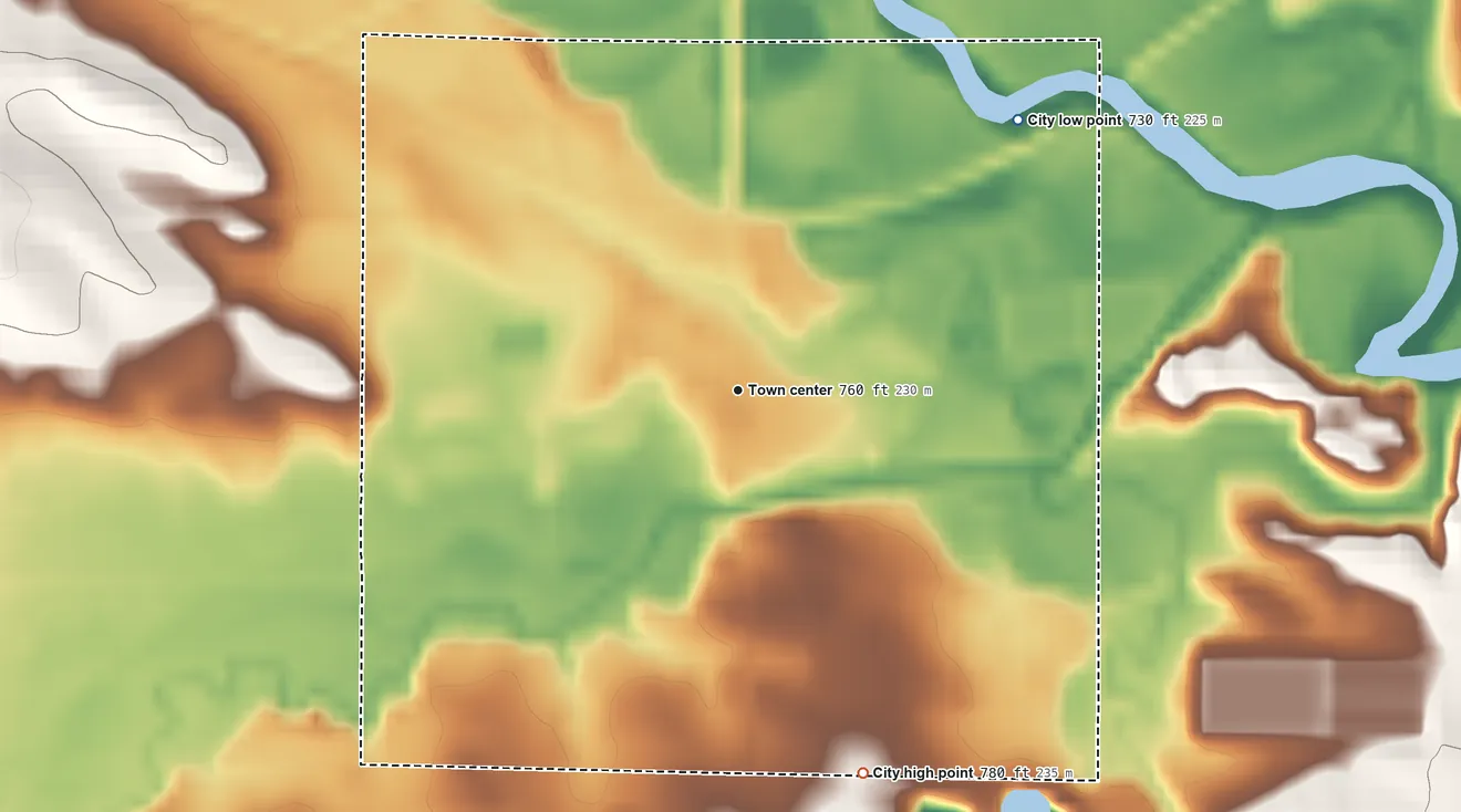 Topographic elevation map of Olin, Iowa, shaded from 730 ft on the northeast side to 780 ft on the south side