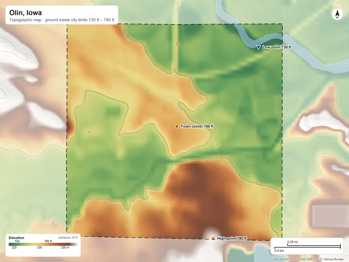 Topographic elevation map of Olin, Iowa, shaded from 730 ft on the northeast side to 780 ft on the south side
