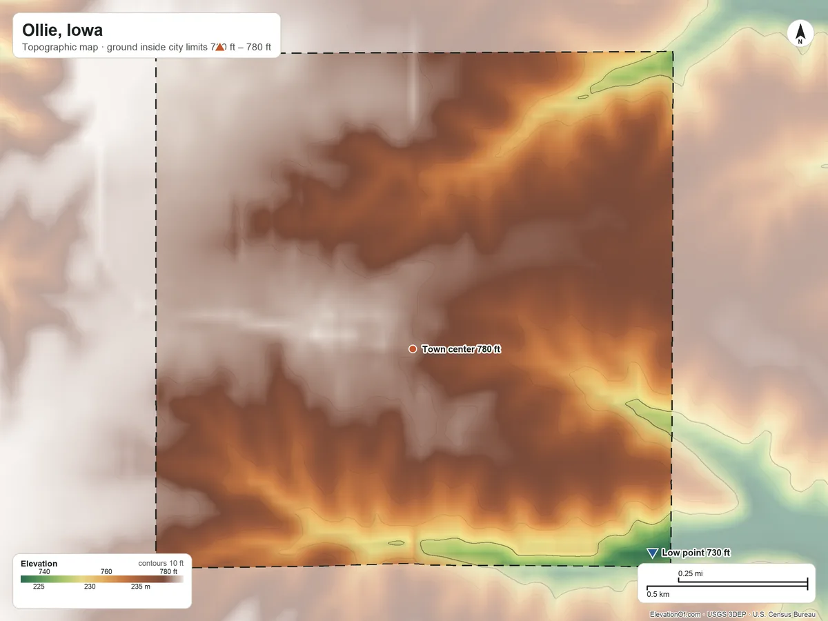 Topographic elevation map of Ollie, Iowa, shaded from 730 ft on the southeast side to 780 ft on the northwest side