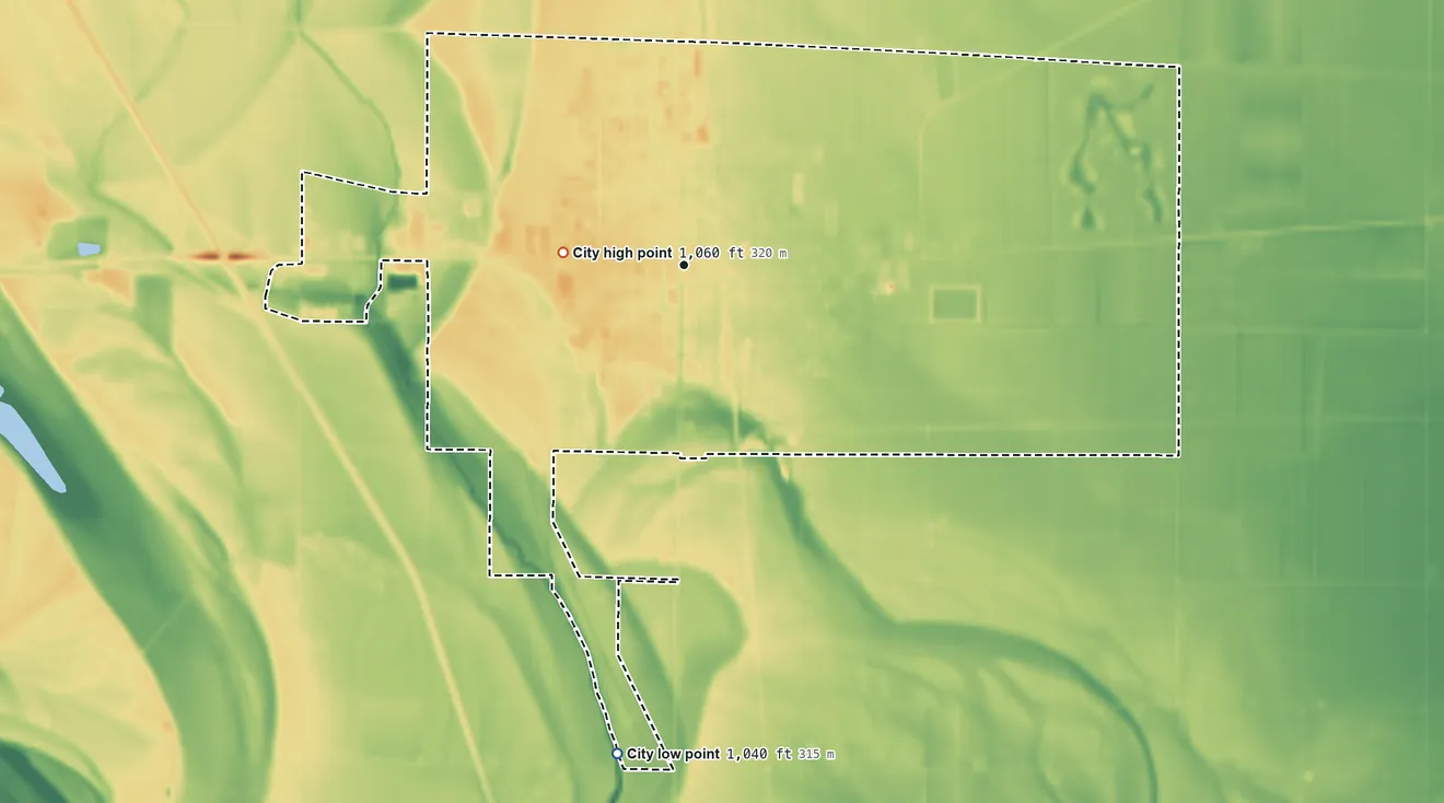 Topographic elevation map of Onawa, Iowa, shaded from 1,040 ft on the south side to 1,060 ft on the west side