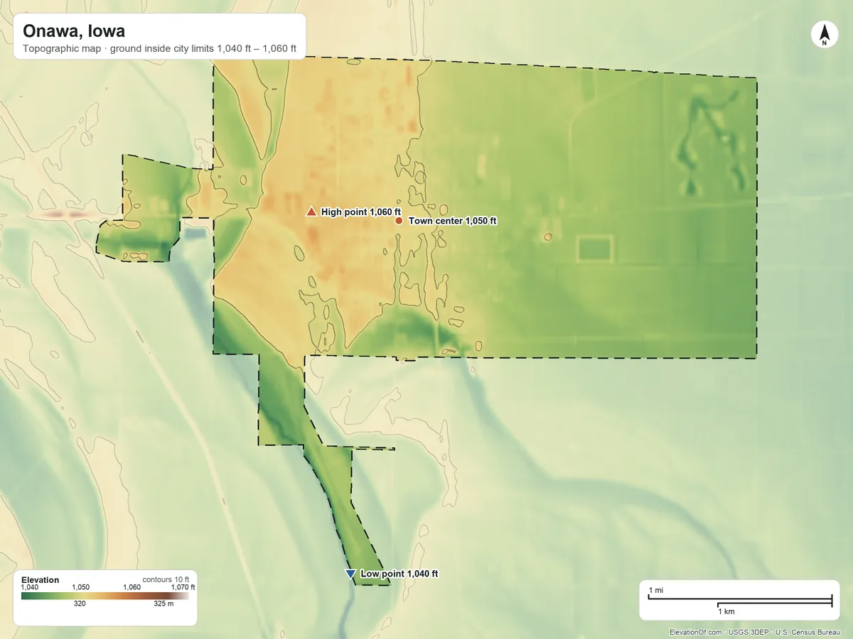 Topographic elevation map of Onawa, Iowa, shaded from 1,040 ft on the south side to 1,060 ft on the west side