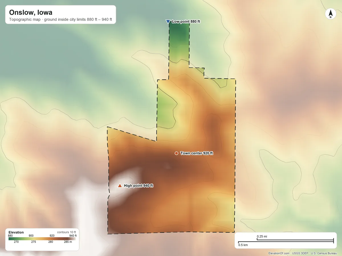 Topographic elevation map of Onslow, Iowa, shaded from 880 ft on the north side to 940 ft on the southwest side