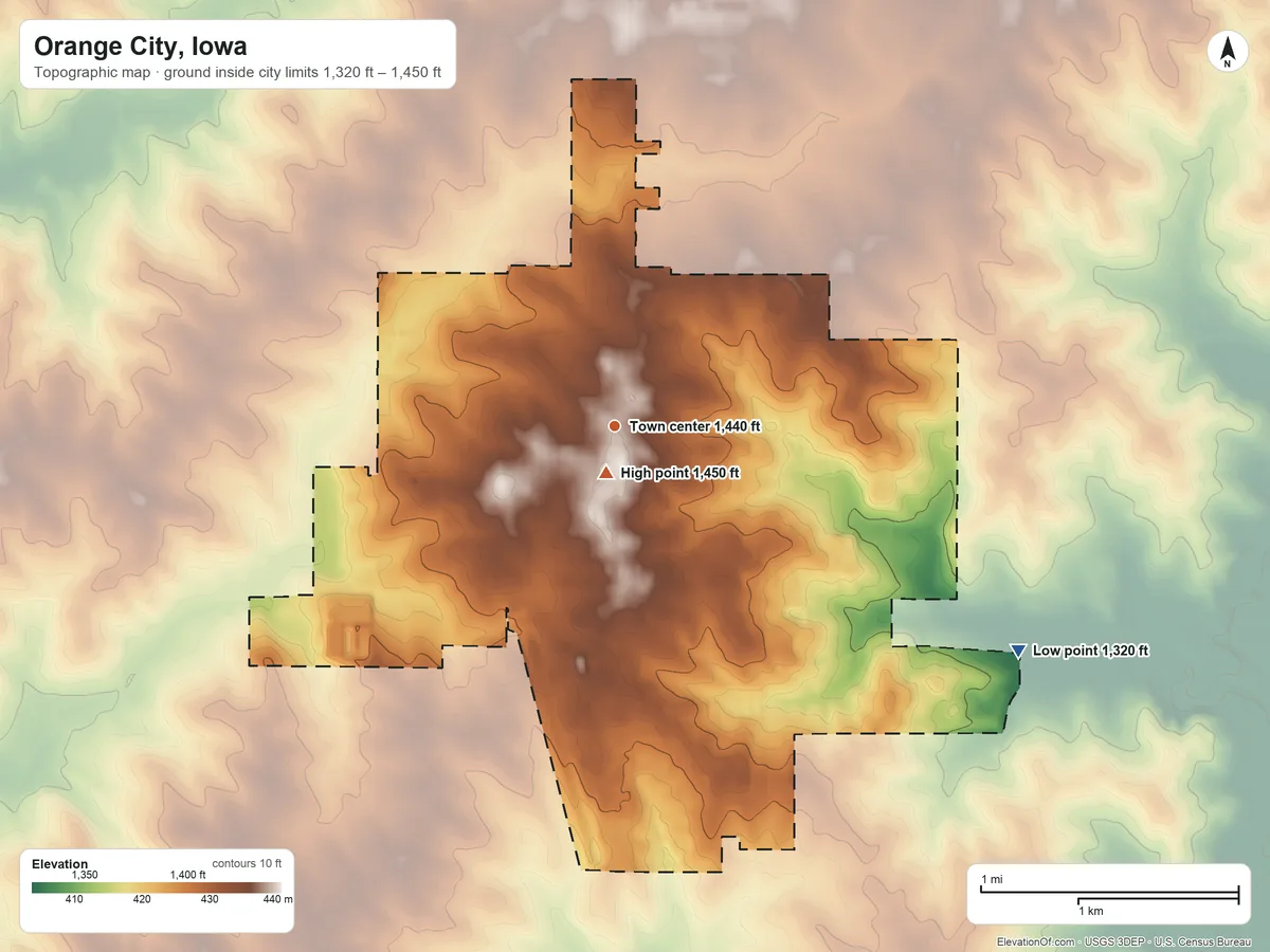 Topographic elevation map of Orange City, Iowa, shaded from 1,320 ft on the southeast side to 1,450 ft near the middle