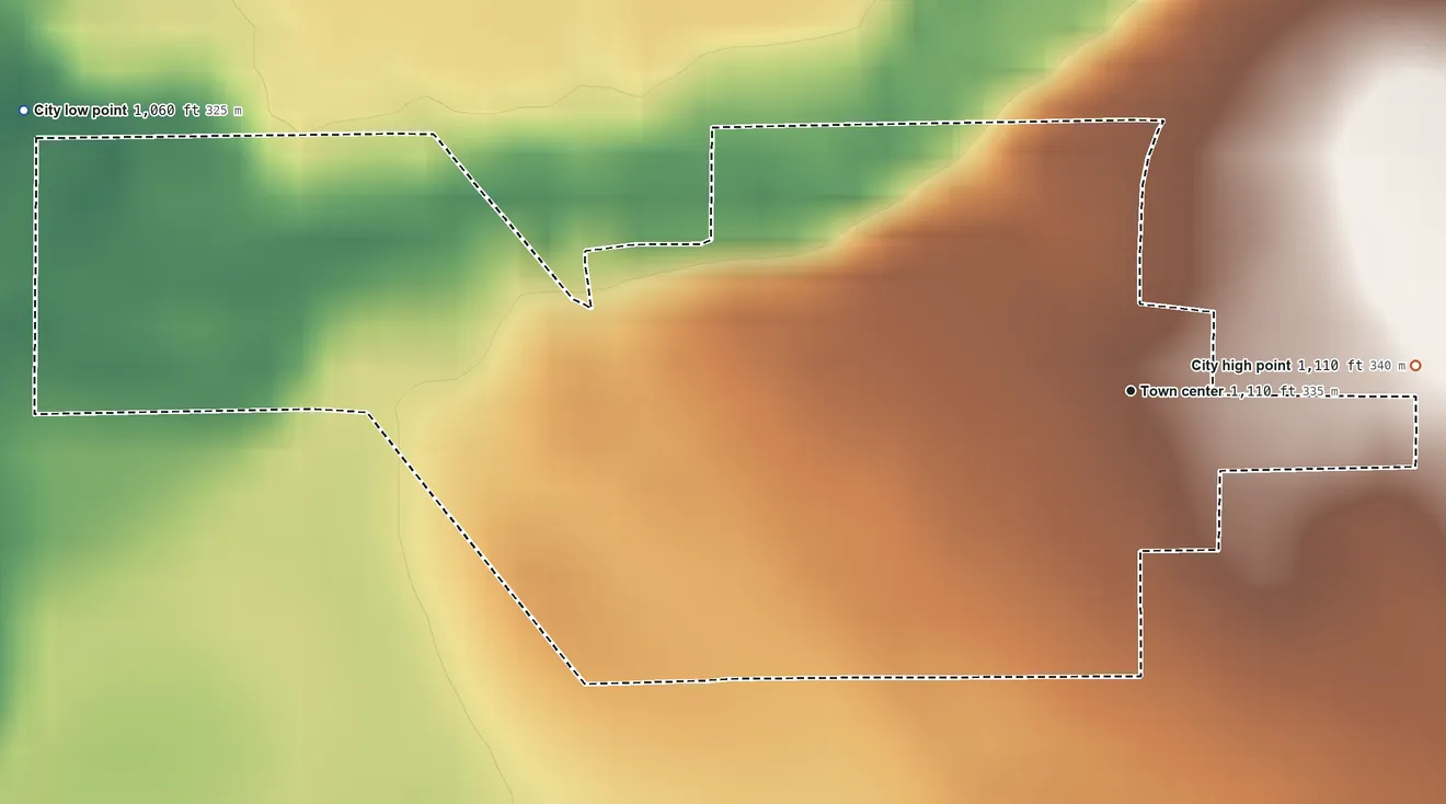 Topographic elevation map of Orchard, Iowa, shaded from 1,060 ft on the west side to 1,110 ft on the east side