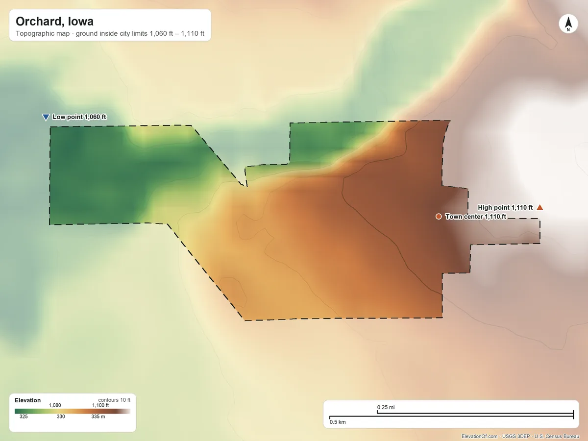 Topographic elevation map of Orchard, Iowa, shaded from 1,060 ft on the west side to 1,110 ft on the east side