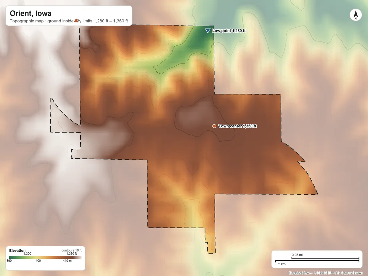 Topographic elevation map of Orient, Iowa, shaded from 1,280 ft on the north side to 1,360 ft on the northwest side