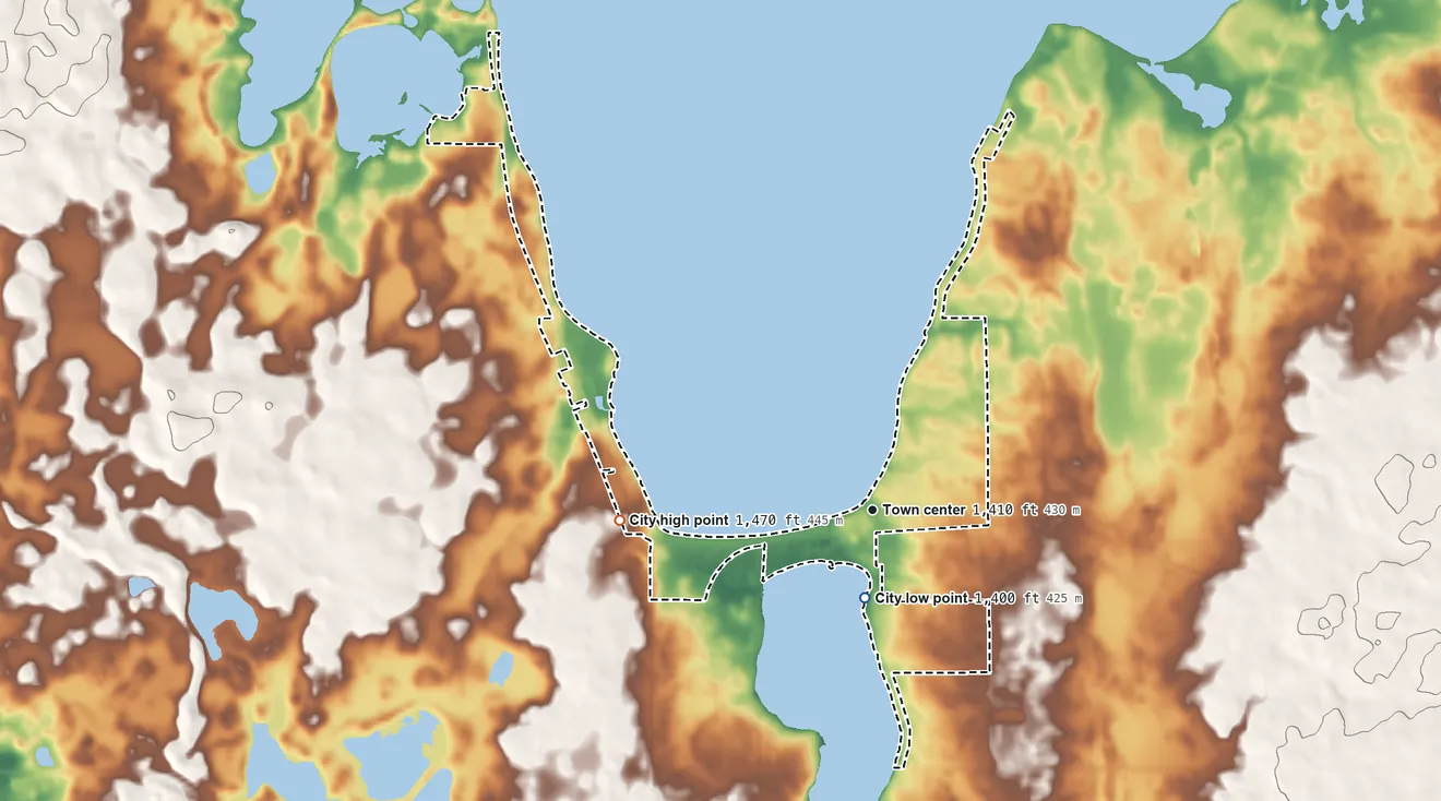 Topographic elevation map of Orleans, Iowa, shaded from 1,400 ft near the middle to 1,470 ft on the west side