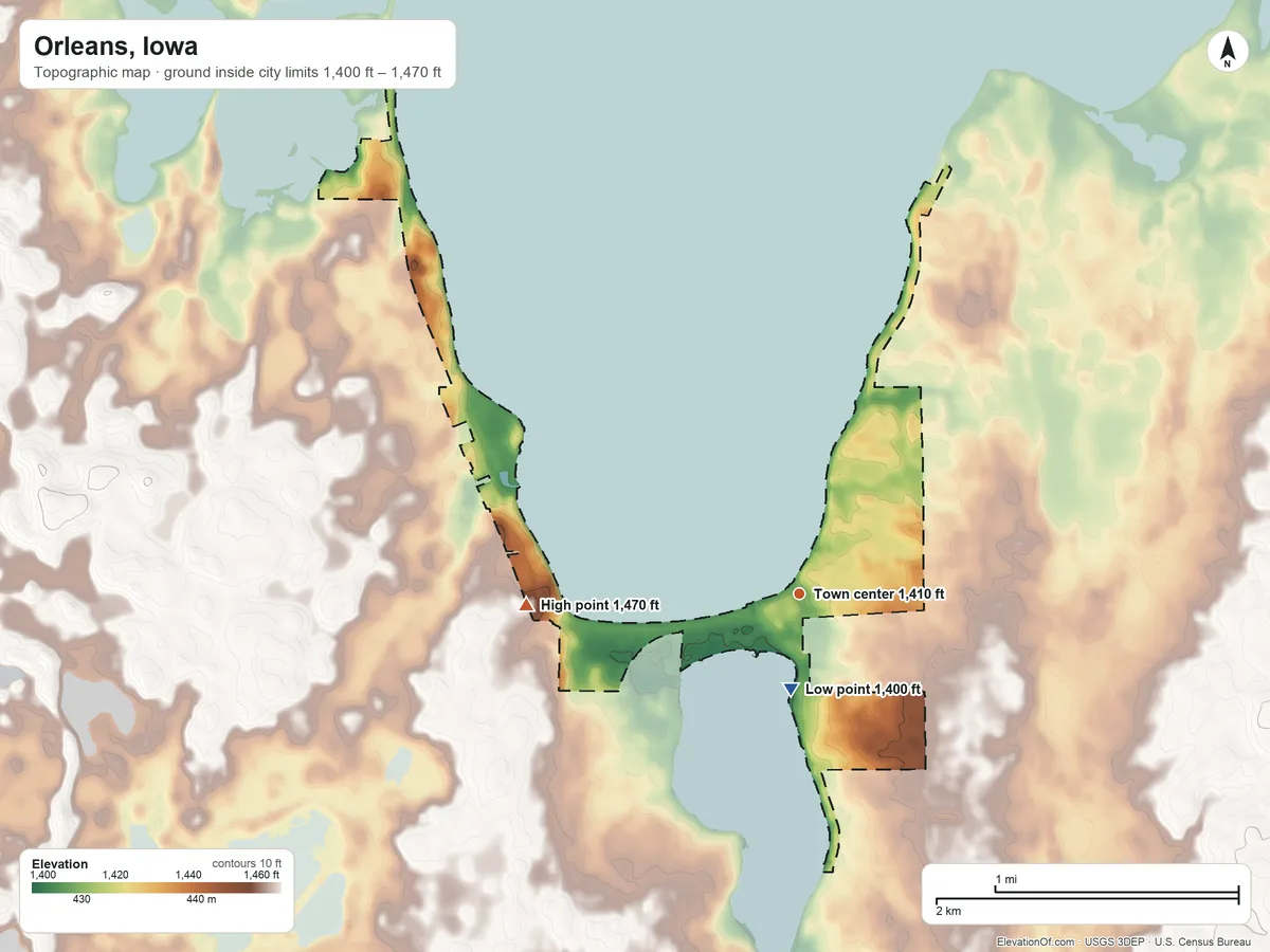 Topographic elevation map of Orleans, Iowa, shaded from 1,400 ft near the middle to 1,470 ft on the west side