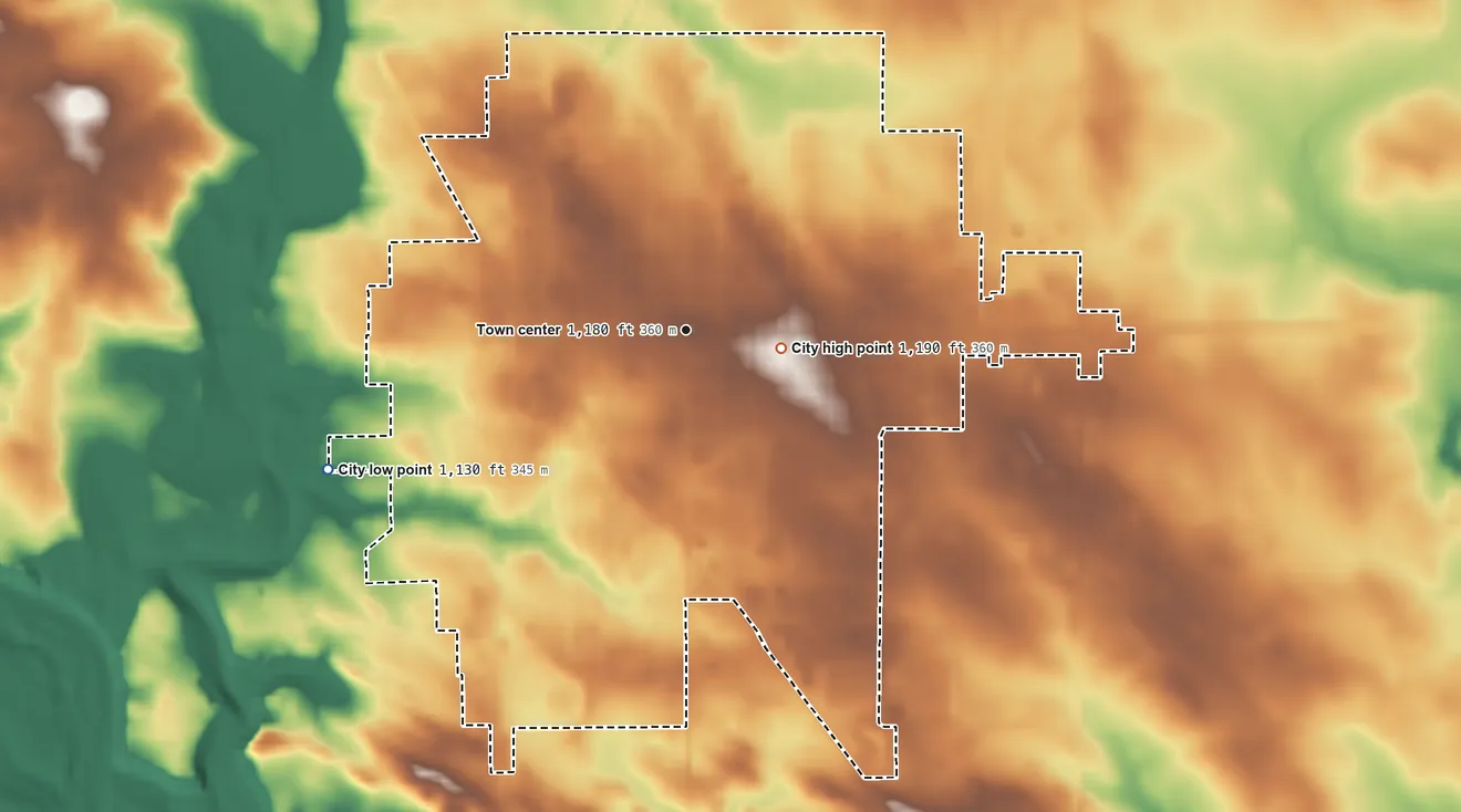 Topographic elevation map of Osage, Iowa, shaded from 1,130 ft on the west side to 1,190 ft near the middle