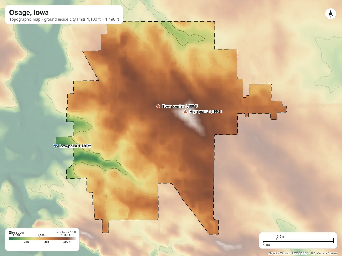 Topographic elevation map of Osage, Iowa, shaded from 1,130 ft on the west side to 1,190 ft near the middle
