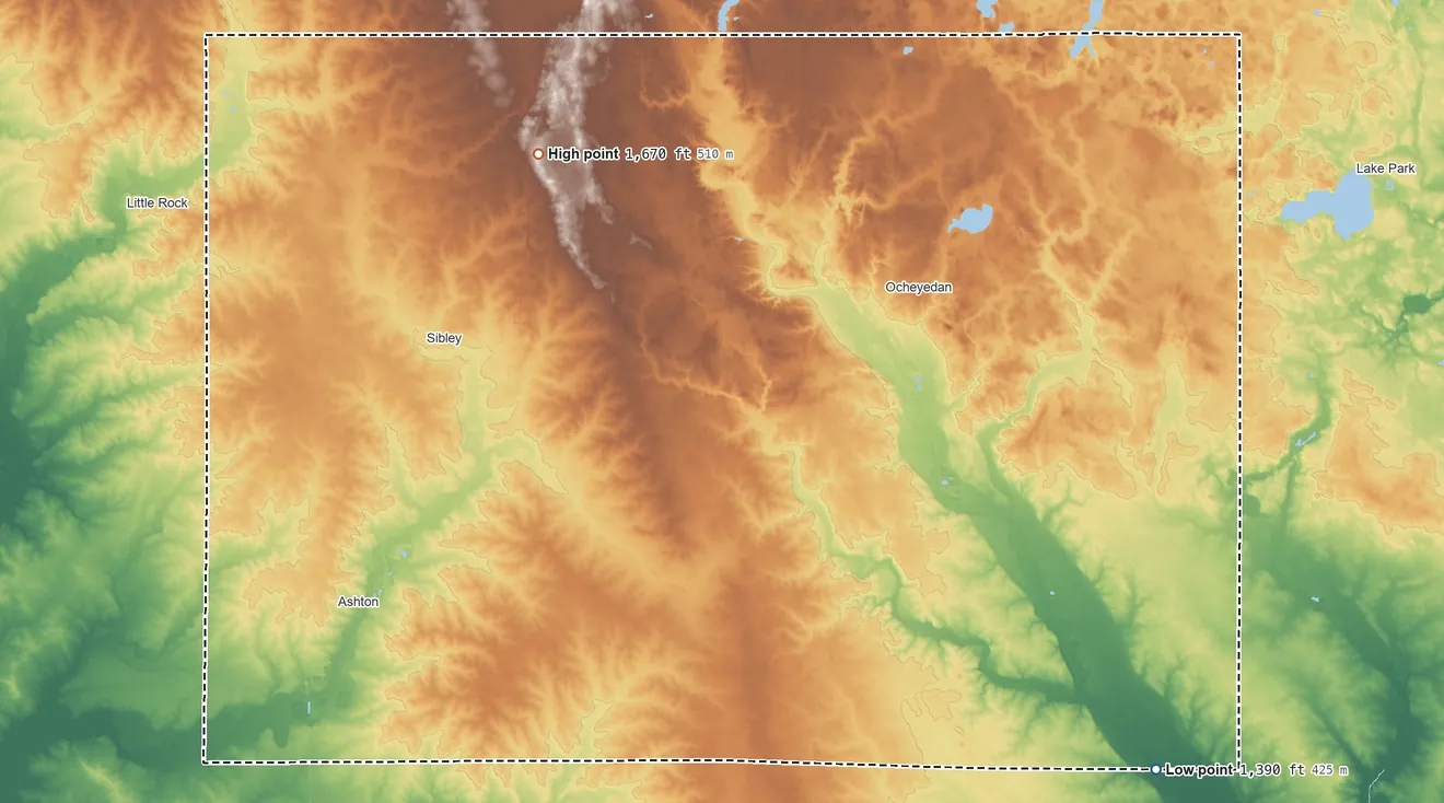 Topographic elevation map of Osceola County, Iowa, shaded from 1,390 ft on the southeast side to 1,670 ft on Hawkeye Point