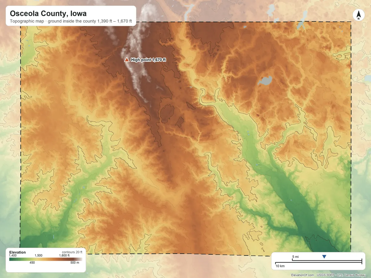 Topographic elevation map of Osceola County, Iowa, shaded from 1,390 ft on the southeast side to 1,670 ft on Hawkeye Point