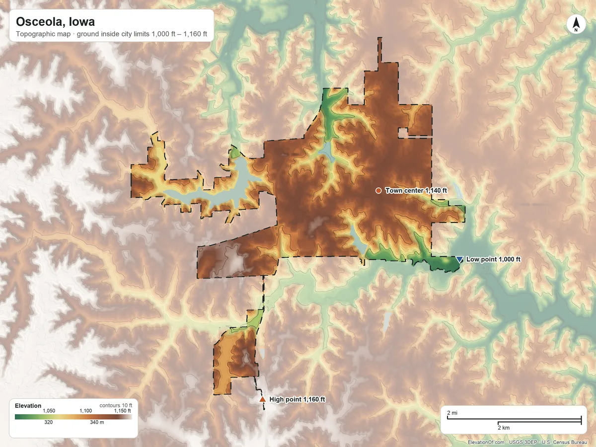Topographic elevation map of Osceola, Iowa, shaded from 1,000 ft on the southeast side to 1,160 ft on the southwest side
