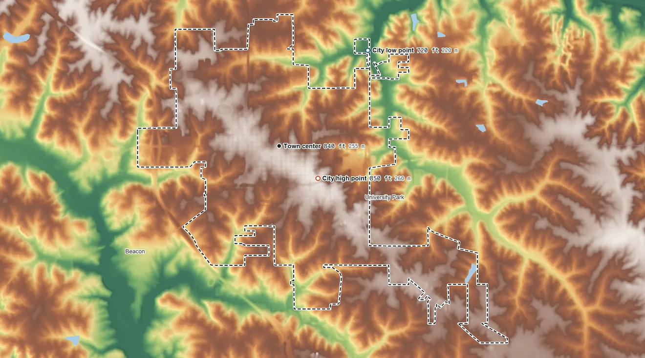 Topographic elevation map of Oskaloosa, Iowa, shaded from 720 ft on the northeast side to 850 ft on the southeast side