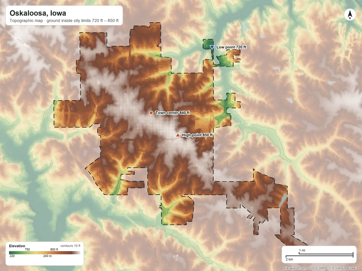 Topographic elevation map of Oskaloosa, Iowa, shaded from 720 ft on the northeast side to 850 ft on the southeast side