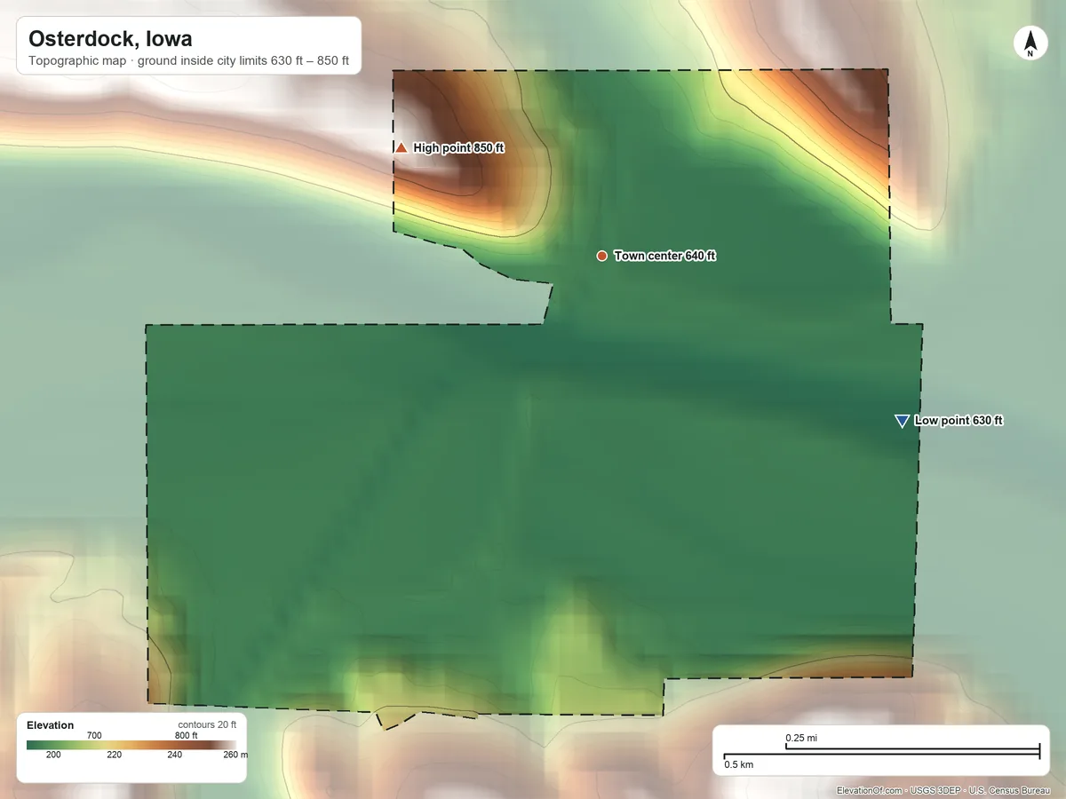 Topographic elevation map of Osterdock, Iowa, shaded from 630 ft on the southeast side to 850 ft on the northwest side