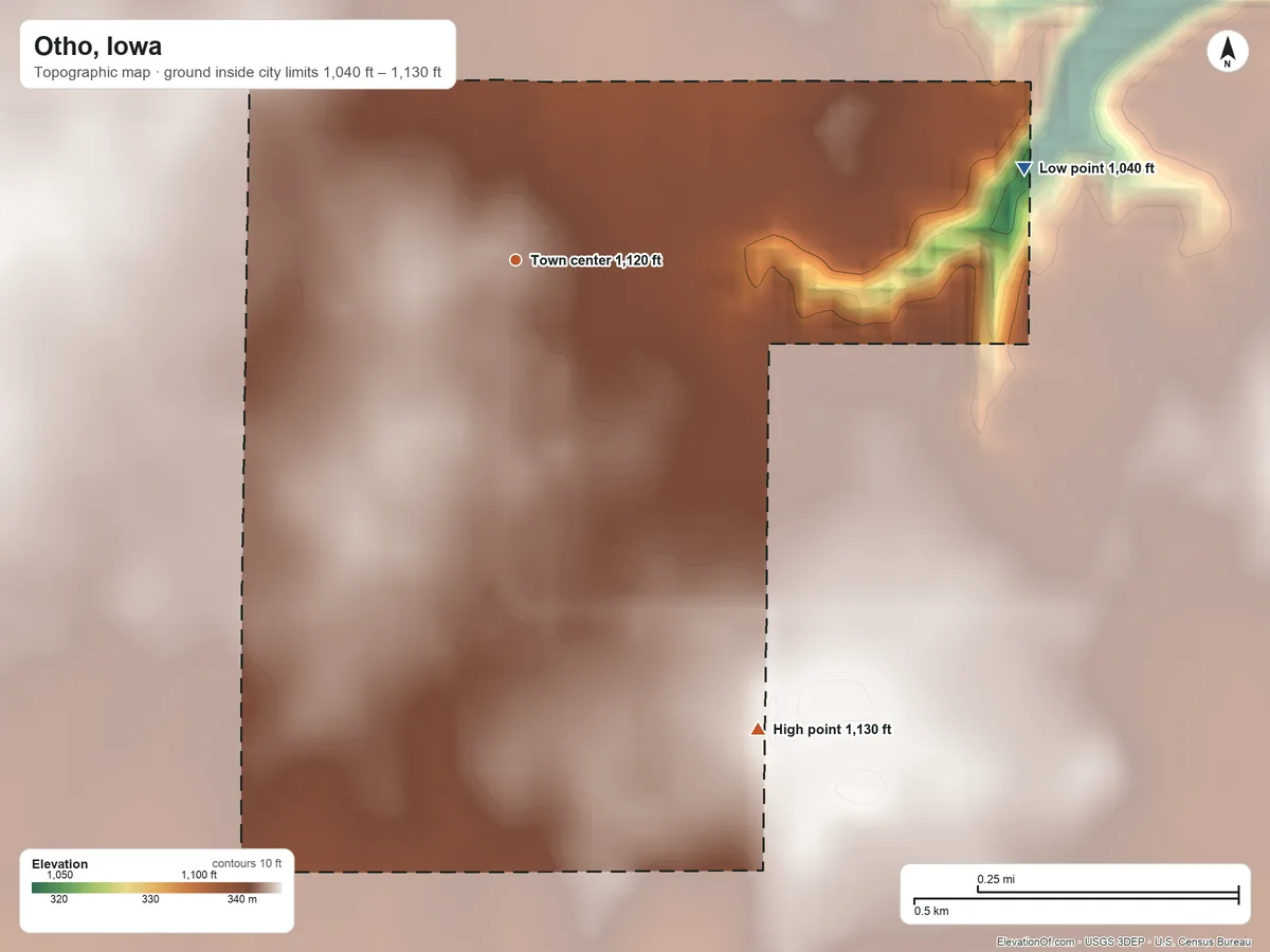 Topographic elevation map of Otho, Iowa, shaded from 1,040 ft on the east side to 1,130 ft on the southeast side