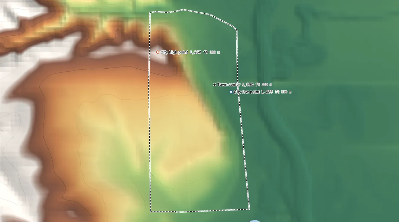 Topographic elevation map of Oto, Iowa, shaded from 1,080 ft near the middle to 1,250 ft on the northwest side