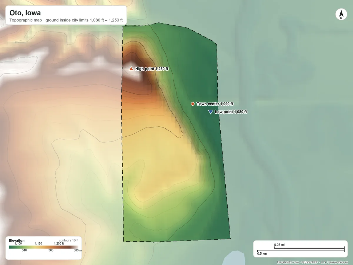 Topographic elevation map of Oto, Iowa, shaded from 1,080 ft near the middle to 1,250 ft on the northwest side