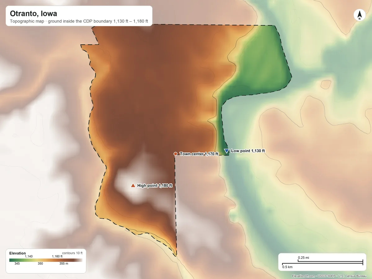 Topographic elevation map of Otranto, Iowa, shaded from 1,130 ft on the east side to 1,180 ft on the southwest side