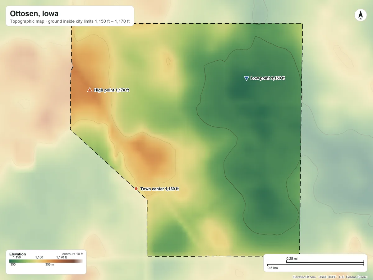 Topographic elevation map of Ottosen, Iowa, shaded from 1,150 ft on the northeast side to 1,170 ft on the northwest side