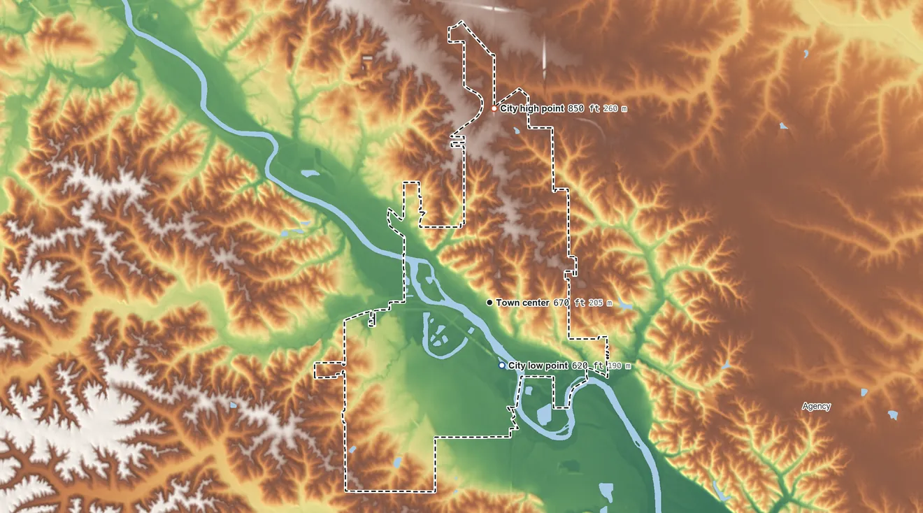 Topographic elevation map of Ottumwa, Iowa, shaded from 620 ft on the south side to 850 ft on the north side