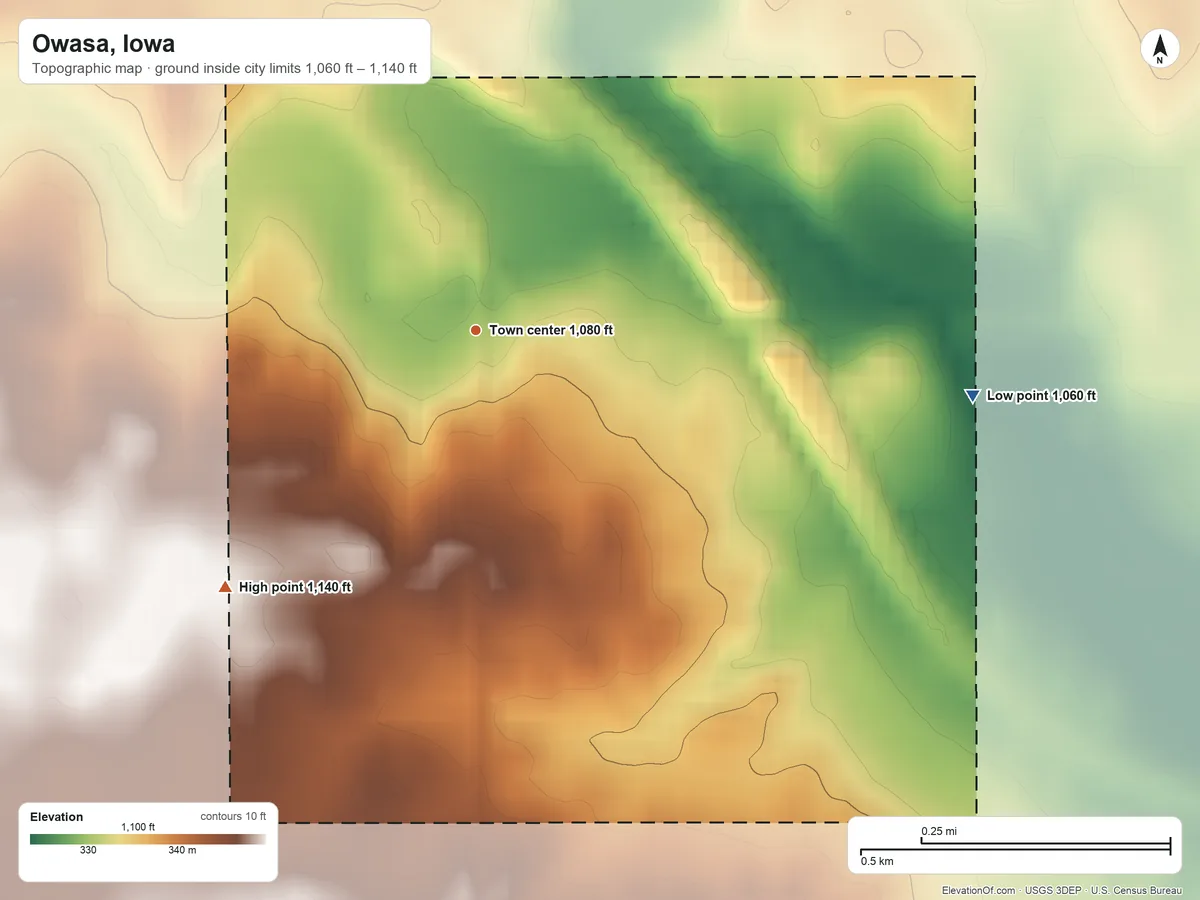 Topographic elevation map of Owasa, Iowa, shaded from 1,060 ft on the east side to 1,140 ft on the southwest side