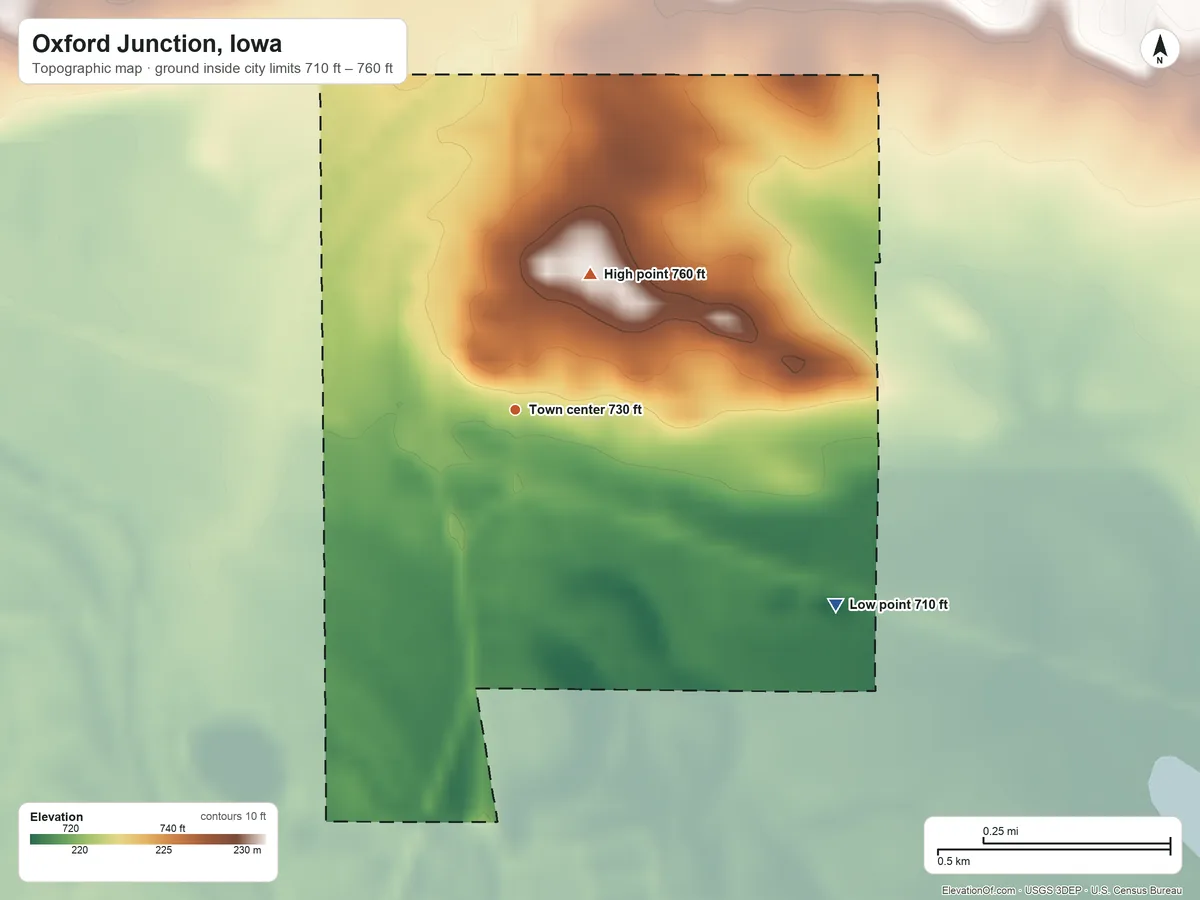Topographic elevation map of Oxford Junction, Iowa, shaded from 710 ft on the southeast side to 760 ft on the northeast side