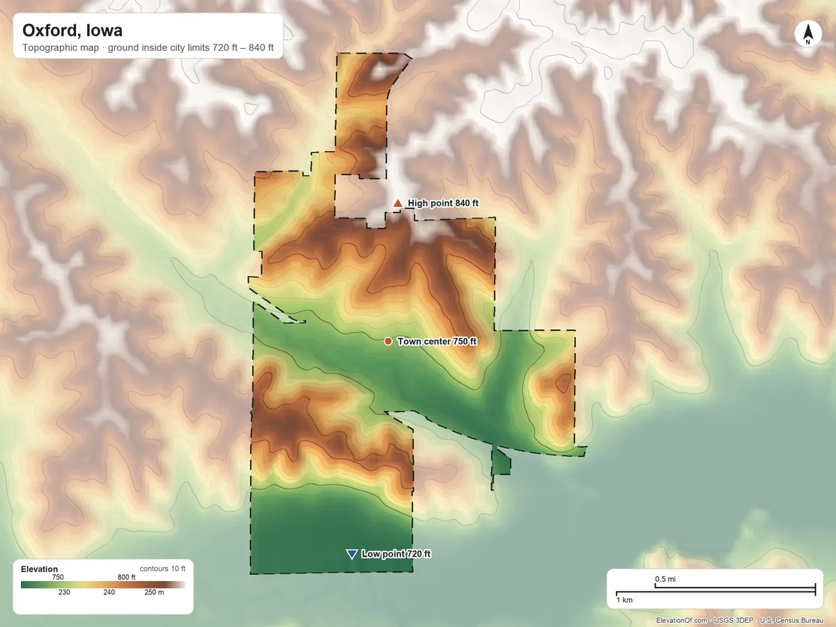 Topographic elevation map of Oxford, Iowa, shaded from 720 ft on the south side to 840 ft on the north side