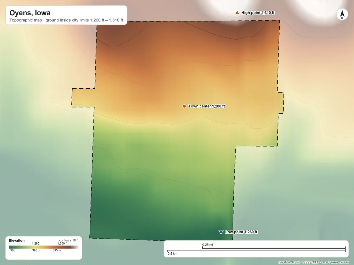 Topographic elevation map of Oyens, Iowa, shaded from 1,260 ft on the south side to 1,310 ft on the northeast side