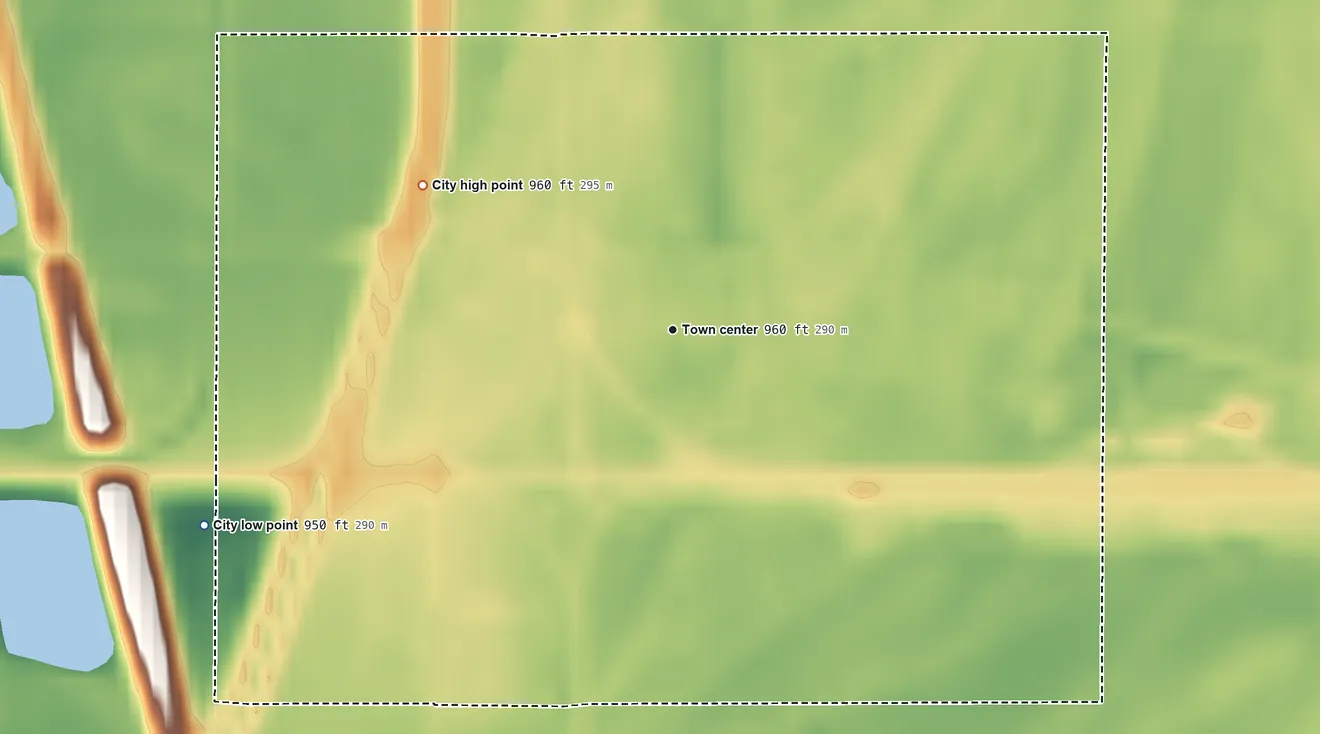 Topographic elevation map of Pacific Junction, Iowa, shaded from 950 ft on the southwest side to 960 ft on the northwest side