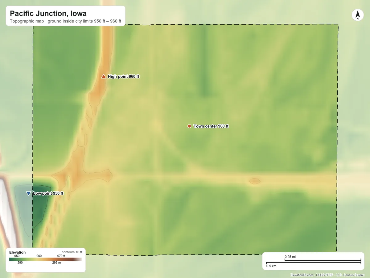 Topographic elevation map of Pacific Junction, Iowa, shaded from 950 ft on the southwest side to 960 ft on the northwest side