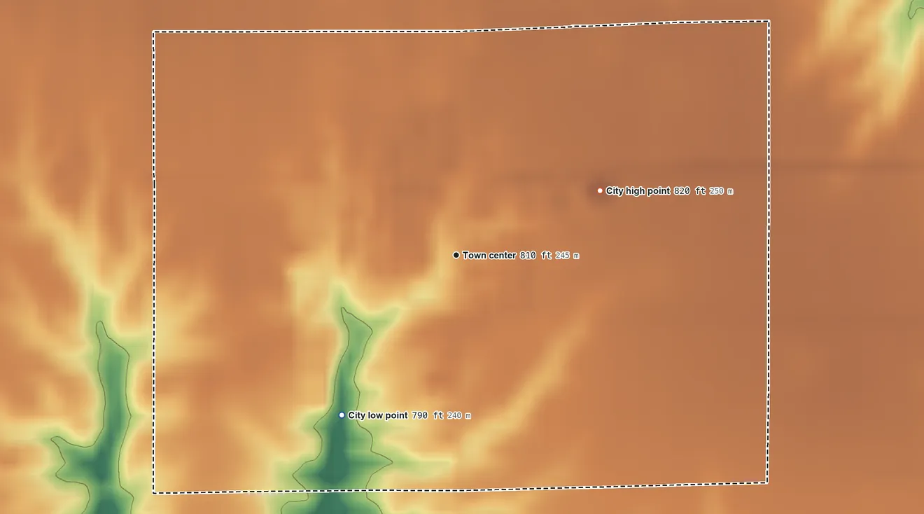 Topographic elevation map of Packwood, Iowa, shaded from 790 ft on the southwest side to 820 ft on the northeast side