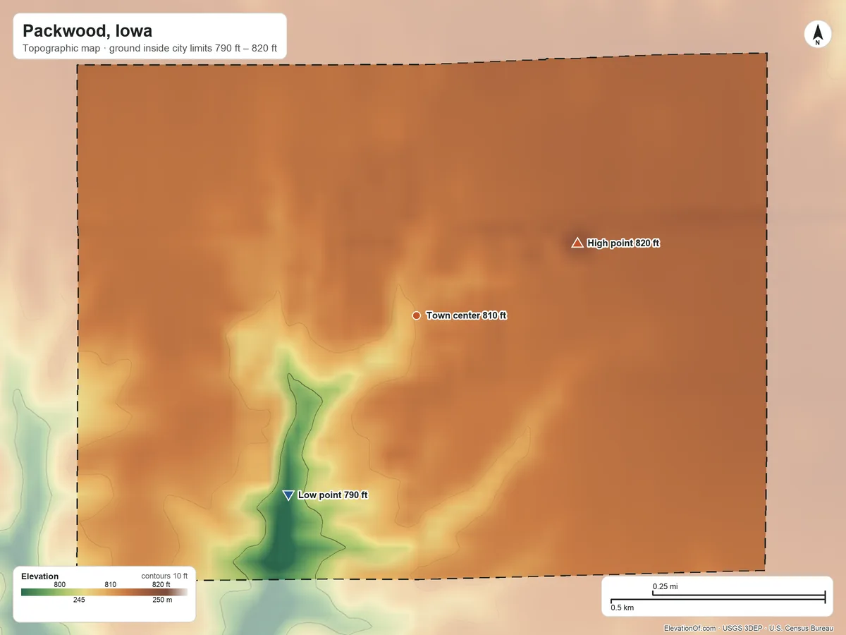 Topographic elevation map of Packwood, Iowa, shaded from 790 ft on the southwest side to 820 ft on the northeast side