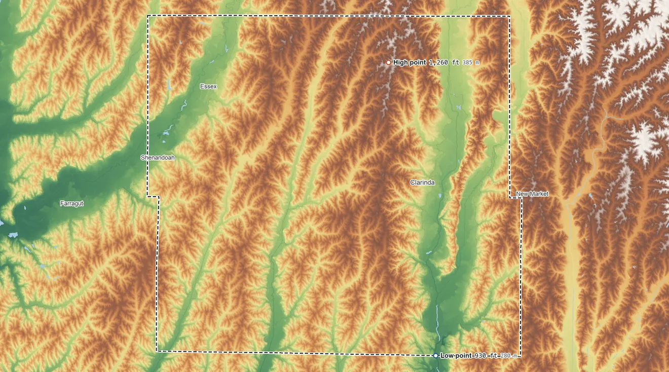 Topographic elevation map of Page County, Iowa, shaded from 930 ft on the southeast side to 1,260 ft on the northeast side