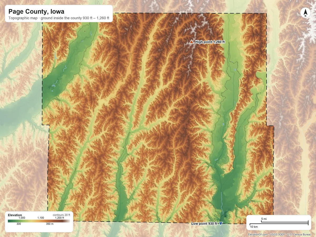Topographic elevation map of Page County, Iowa, shaded from 930 ft on the southeast side to 1,260 ft on the northeast side