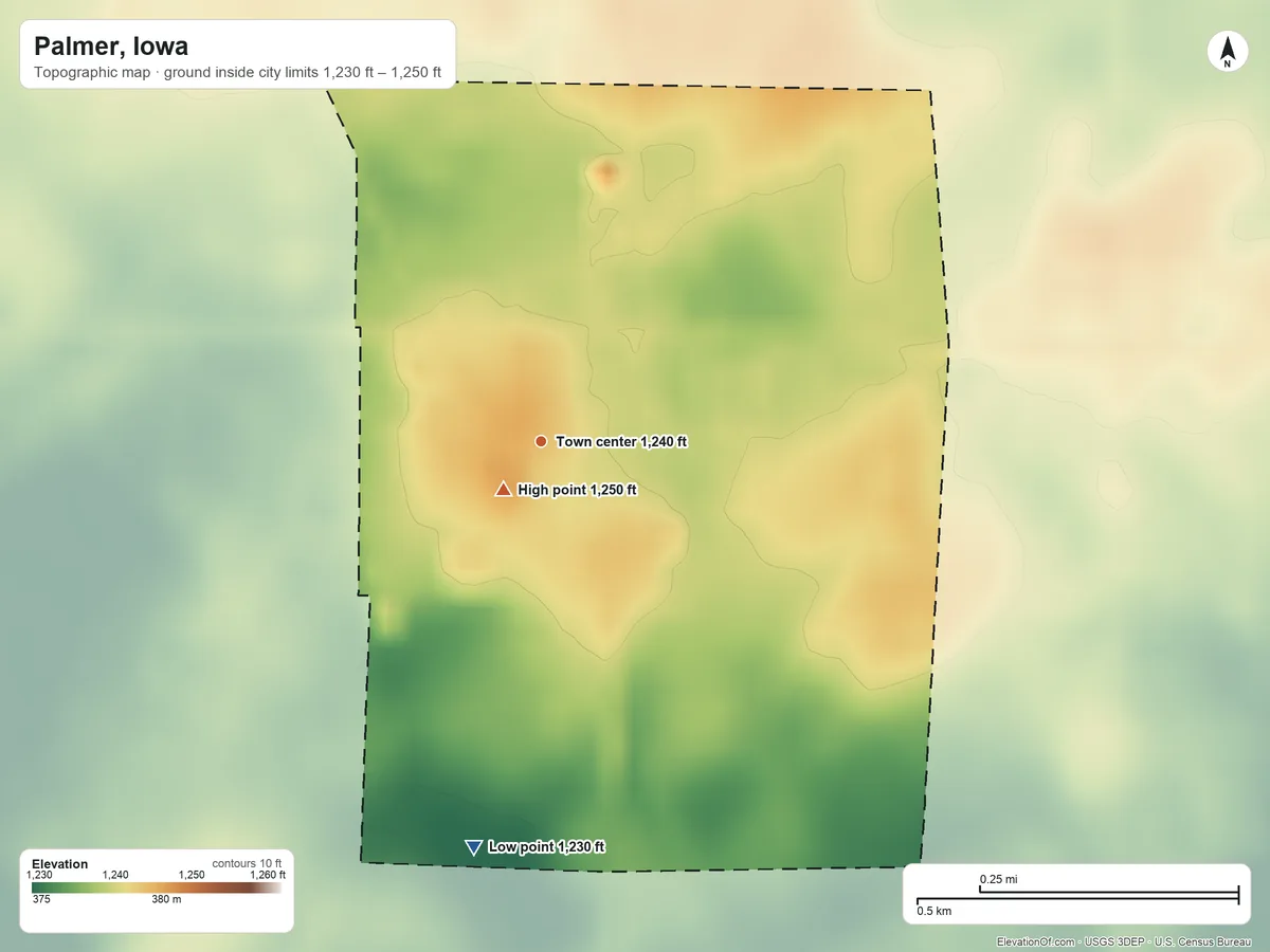 Topographic elevation map of Palmer, Iowa, shaded from 1,230 ft on the south side to 1,250 ft near the middle