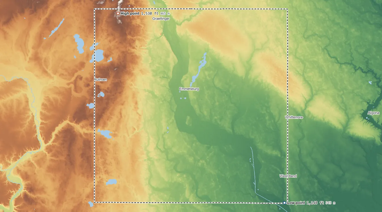 Topographic elevation map of Palo Alto County, Iowa, shaded from 1,140 ft on the southeast side to 1,530 ft on the northwest side