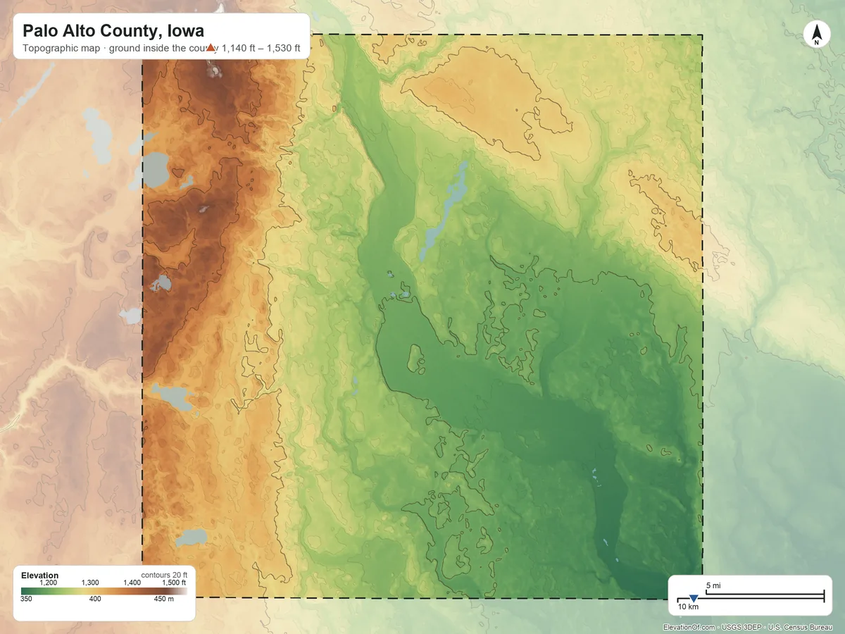 Topographic elevation map of Palo Alto County, Iowa, shaded from 1,140 ft on the southeast side to 1,530 ft on the northwest side