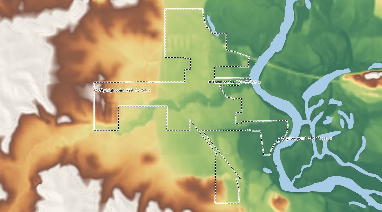 Topographic elevation map of Palo, Iowa, shaded from 730 ft on the southeast side to 790 ft on the west side