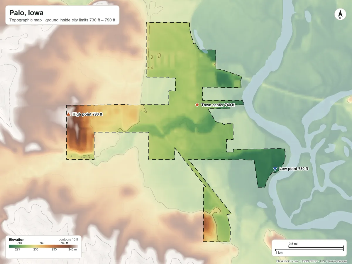 Topographic elevation map of Palo, Iowa, shaded from 730 ft on the southeast side to 790 ft on the west side