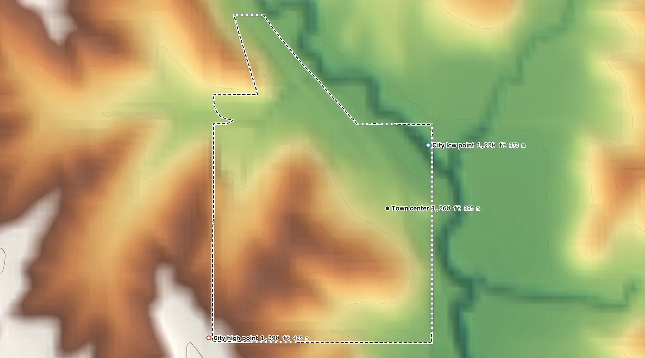Topographic elevation map of Panama, Iowa, shaded from 1,220 ft on the northeast side to 1,390 ft on the southwest side