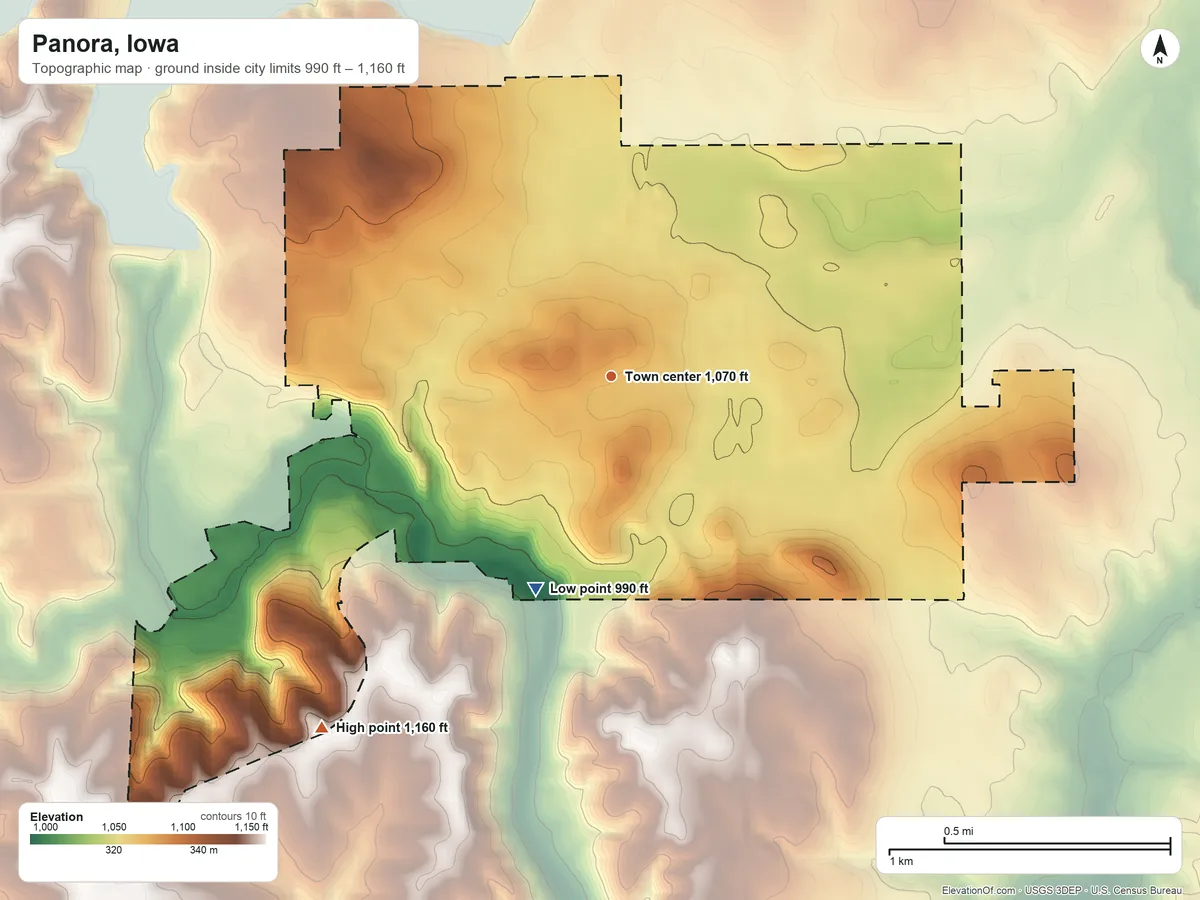 Topographic elevation map of Panora, Iowa, shaded from 990 ft on the south side to 1,160 ft on the southwest side